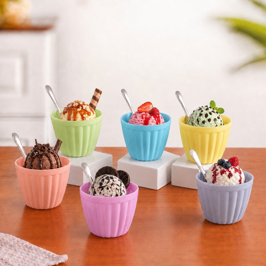 Colourful Ice Cream Bowl & Spoon Set of 6 — 160ml Glazed Glass Dessert Bowls with Stainless Steel Spoons | Pastel Ribbed Design, 100% Food Safe