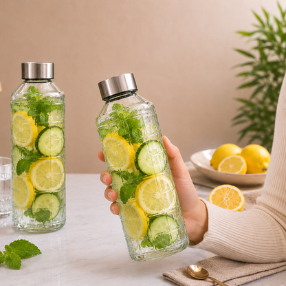 Grid Glass Water Bottle Pack of 2 — 1 Litre Each | BPA-Free, Lead-Free | Airtight Leak-Proof Stainless Steel Cap | Crack-Resistant Embossed Glass | Infused Water & Fridge Bottle