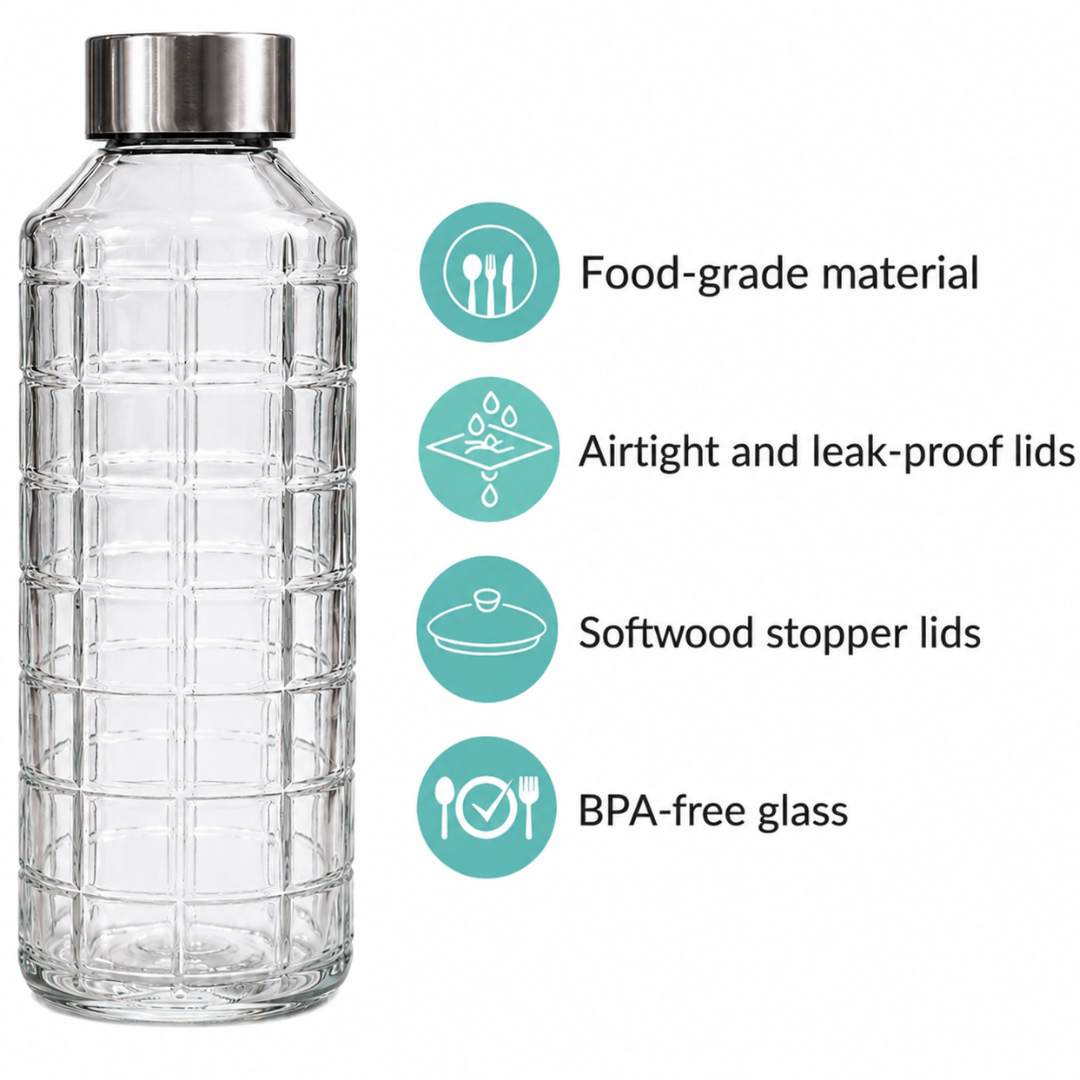 Grid Glass Water Bottle Pack of 2 — 1 Litre Each | Embossed Brick Texture, Stainless Steel Cap, Lead & BPA Free | Dishwasher Safe