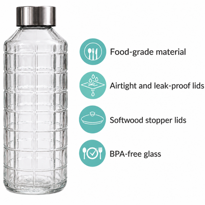 Grid Glass Water Bottle Pack of 2 — 1 Litre Each | BPA-Free, Lead-Free | Airtight Leak-Proof Stainless Steel Cap | Crack-Resistant Embossed Glass | Infused Water & Fridge Bottle