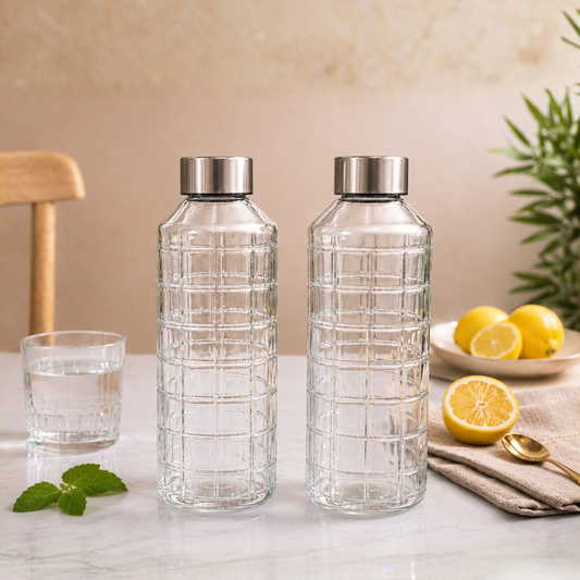 Grid Glass Water Bottle Pack of 2 — 1 Litre Each | Embossed Brick Texture, Stainless Steel Cap, Lead & BPA Free | Dishwasher Safe