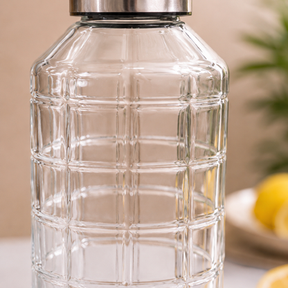 Grid Glass Water Bottle Pack of 2 — 1 Litre Each | Embossed Brick Texture, Stainless Steel Cap, Lead & BPA Free | Dishwasher Safe