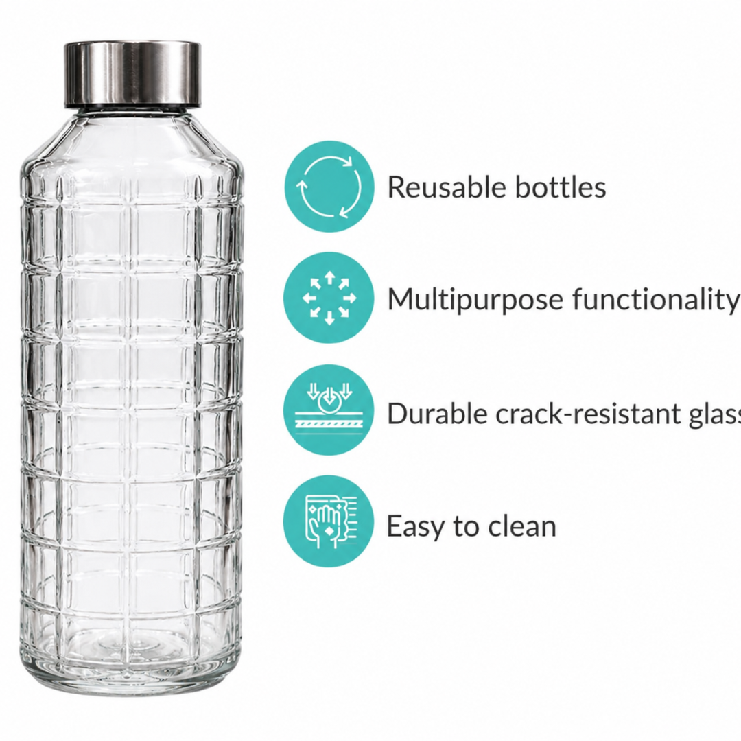 Grid Glass Water Bottle Pack of 2 — 1 Litre Each | BPA-Free, Lead-Free | Airtight Leak-Proof Stainless Steel Cap | Crack-Resistant Embossed Glass | Infused Water & Fridge Bottle