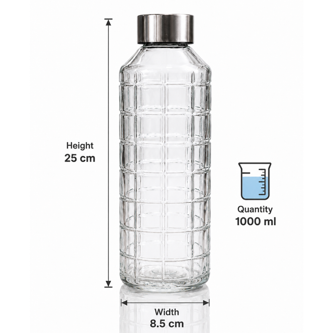 Grid Glass Water Bottle Pack of 2 — 1 Litre Each | Embossed Brick Texture, Stainless Steel Cap, Lead & BPA Free | Dishwasher Safe