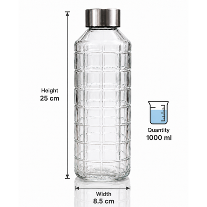 Grid Glass Water Bottle Pack of 2 — 1 Litre Each | BPA-Free, Lead-Free | Airtight Leak-Proof Stainless Steel Cap | Crack-Resistant Embossed Glass | Infused Water & Fridge Bottle