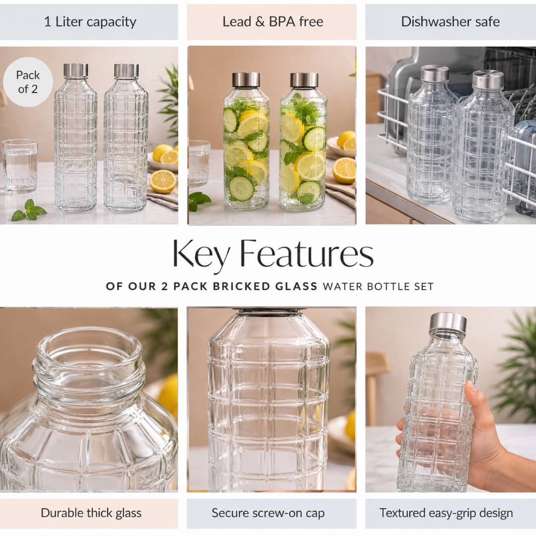 Grid Glass Water Bottle Pack of 2 — 1 Litre Each | BPA-Free, Lead-Free | Airtight Leak-Proof Stainless Steel Cap | Crack-Resistant Embossed Glass | Infused Water & Fridge Bottle