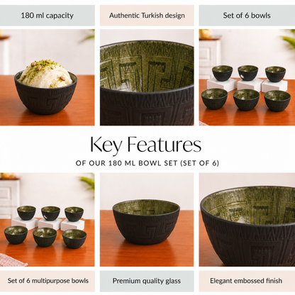 Turkish Design Glass Bowl Set of 6 — 180ml | Matte Black Embossed Exterior & Green Gold Metallic Interior | Premium Multipurpose Dessert Bowls