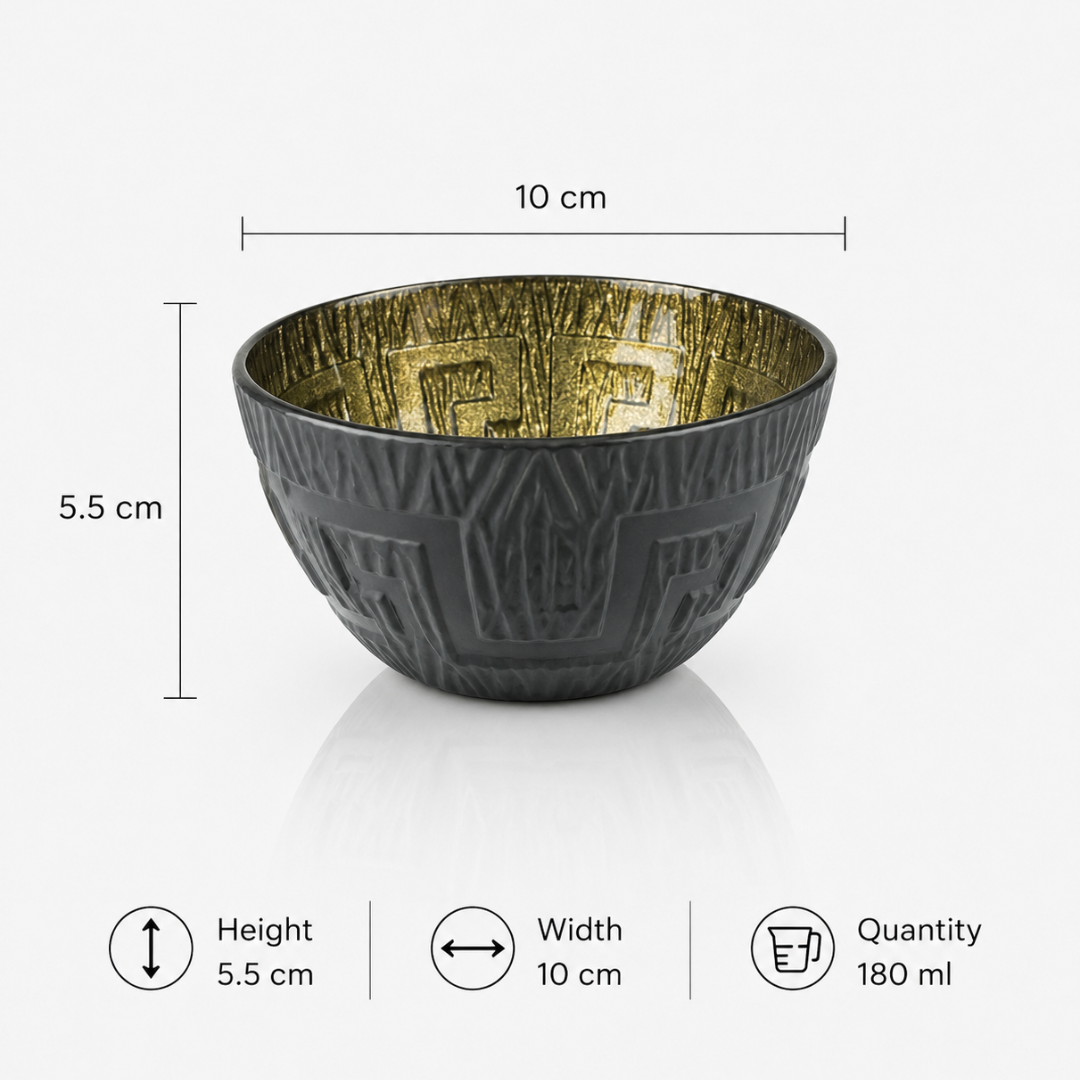 Turkish Design Glass Bowl Set of 6 — 180ml | Matte Black Embossed Exterior & Green Gold Metallic Interior | Premium Multipurpose Dessert Bowls