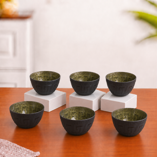 Turkish Design Glass Bowl Set of 6 — 180ml | Matte Black Embossed Exterior & Green Gold Metallic Interior | Premium Multipurpose Dessert Bowls