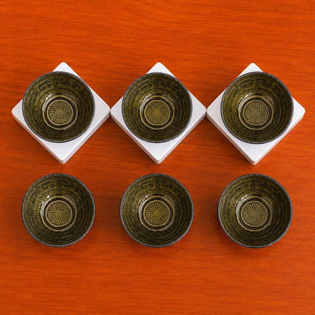 Turkish Design Glass Bowl Set of 6 — 180ml | Matte Black Embossed Exterior & Green Gold Metallic Interior | Premium Multipurpose Dessert Bowls