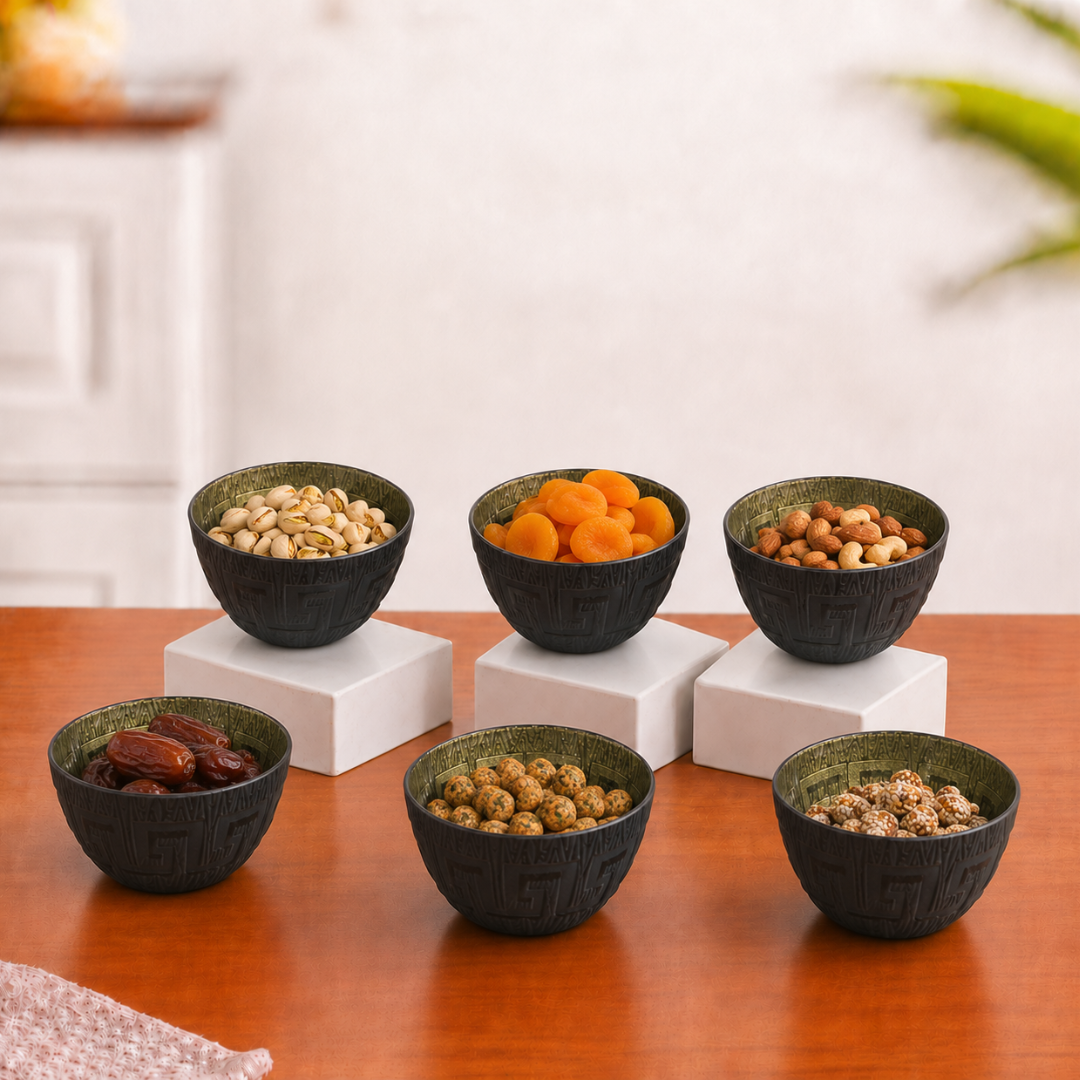 Turkish Design Glass Bowl Set of 6 — 180ml | Matte Black Embossed Exterior & Green Gold Metallic Interior | Premium Multipurpose Dessert Bowls