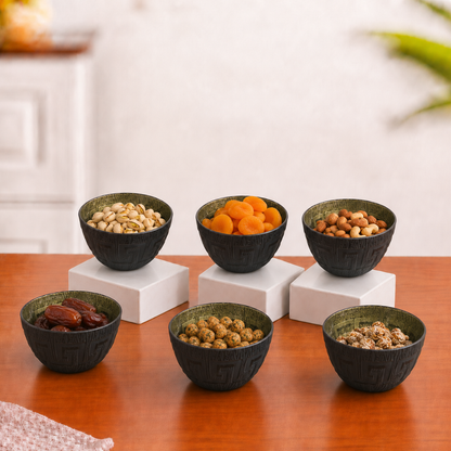 Turkish Design Glass Bowl Set of 6 — 180ml | Matte Black Embossed Exterior & Green Gold Metallic Interior | Premium Multipurpose Dessert Bowls