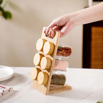 Bamboo Spice Rack with 6 Glass Jars & Bamboo Lids — Portable Countertop Masala Organiser, 100ml Each | Kitchen Spice Stand