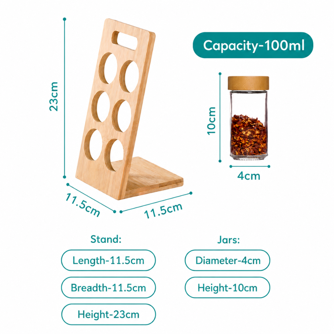 Bamboo Spice Rack with 6 Glass Jars & Bamboo Lids — Portable Countertop Masala Organiser, 100ml Each | Kitchen Spice Stand