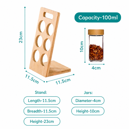 Bamboo Spice Rack with 6 Glass Jars & Bamboo Lids — Portable Countertop Masala Organiser, 100ml Each | Kitchen Spice Stand