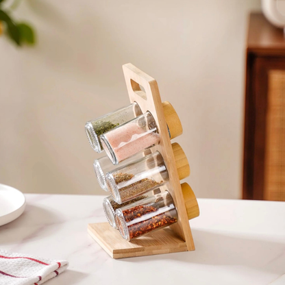 Bamboo Spice Rack with 6 Glass Jars & Bamboo Lids — Portable Countertop Masala Organiser, 100ml Each | Kitchen Spice Stand