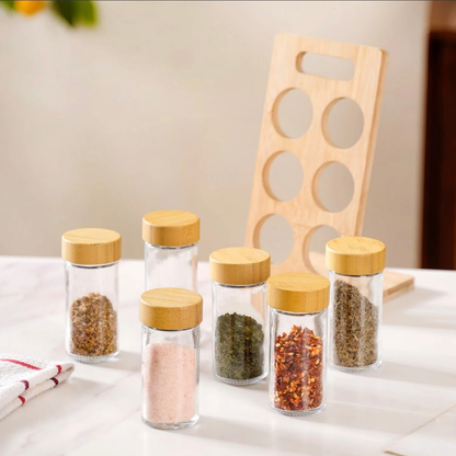 Bamboo Spice Rack with 6 Glass Jars & Bamboo Lids — Portable Countertop Masala Organiser, 100ml Each | Kitchen Spice Stand