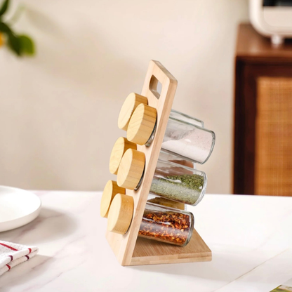 Bamboo Spice Rack with 6 Glass Jars & Bamboo Lids — Portable Countertop Masala Organiser, 100ml Each | Kitchen Spice Stand