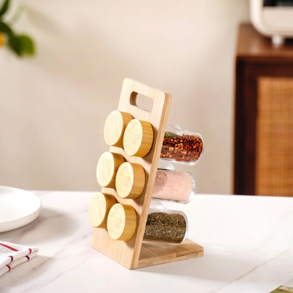 Bamboo Spice Rack with 6 Glass Jars & Bamboo Lids — Portable Countertop Masala Organiser, 100ml Each | Kitchen Spice Stand