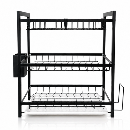 3 Tier Dish Rack — Carbon Steel Dish Drying Rack with Drip Tray, Cutlery Holder & Chopping Board Stand | Rust-Proof Countertop Organiser