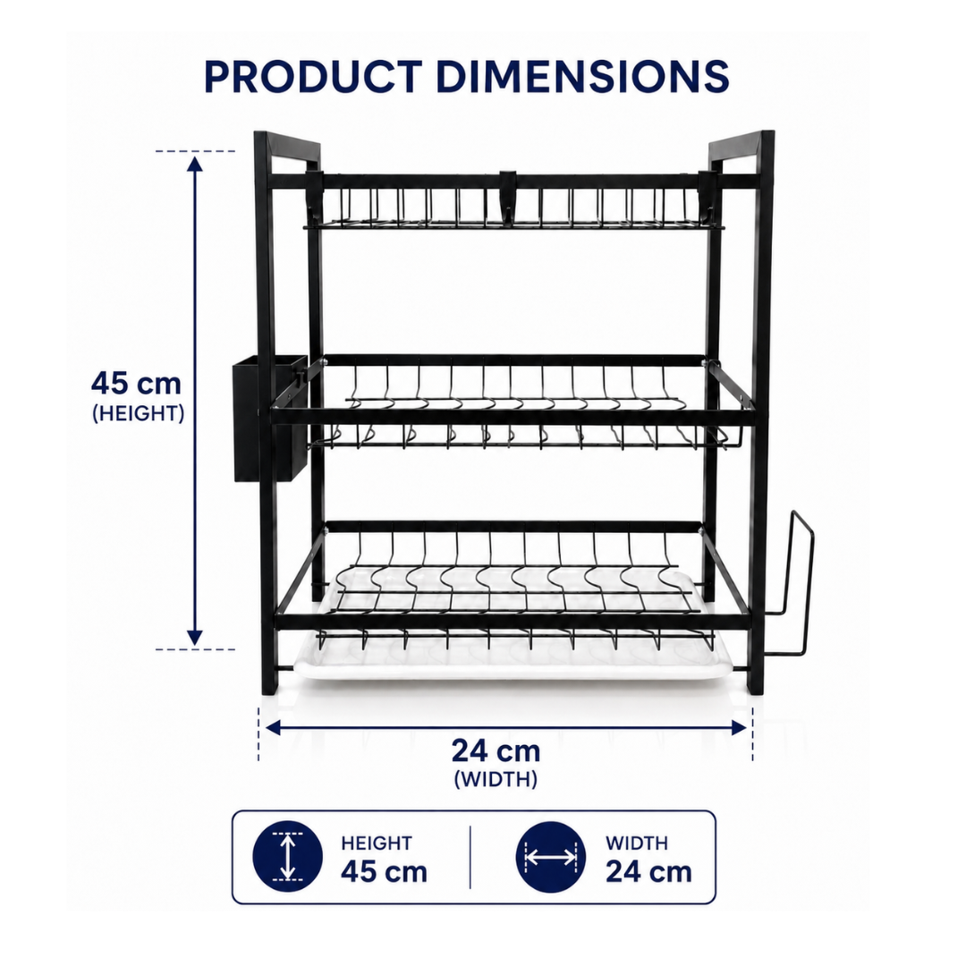 3 Tier Dish Rack — Carbon Steel Dish Drying Rack with Drip Tray, Cutlery Holder & Chopping Board Stand | Rust-Proof Countertop Organiser