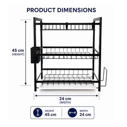 3 Tier Dish Rack — Carbon Steel Dish Drying Rack with Drip Tray, Cutlery Holder & Chopping Board Stand | Rust-Proof Countertop Organiser