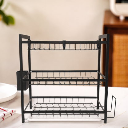 3 Tier Dish Rack — Carbon Steel Dish Drying Rack with Drip Tray, Cutlery Holder & Chopping Board Stand | Rust-Proof Countertop Organiser