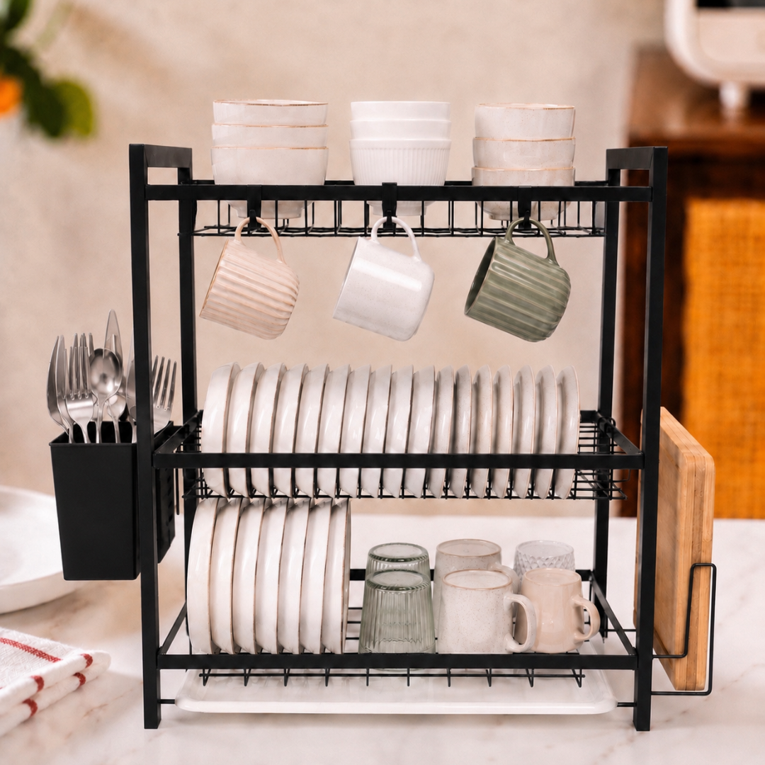 3 Tier Dish Rack — Carbon Steel Dish Drying Rack with Drip Tray, Cutlery Holder & Chopping Board Stand | Rust-Proof Countertop Organiser