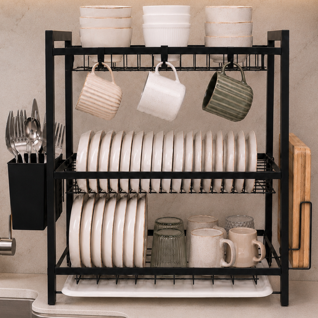 3 Tier Dish Rack — Carbon Steel Dish Drying Rack with Drip Tray, Cutlery Holder & Chopping Board Stand | Rust-Proof Countertop Organiser