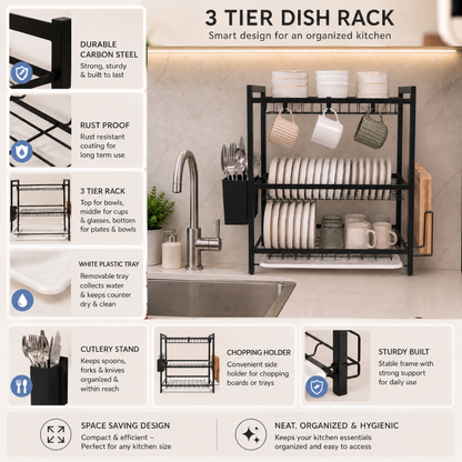 3 Tier Dish Rack — Carbon Steel Dish Drying Rack with Drip Tray, Cutlery Holder & Chopping Board Stand | Rust-Proof Countertop Organiser