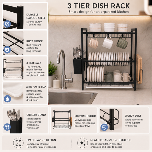 3 Tier Dish Rack — Carbon Steel Dish Drying Rack with Drip Tray, Cutlery Holder & Chopping Board Stand | Rust-Proof Countertop Organiser