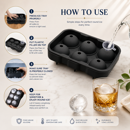 Sphere Ice Ball Maker — 6-Cavity Silicone Ice Ball Mold with Easy Release, 4cm Crystal Clear Ice Balls for Whiskey, Cocktails & Beverages