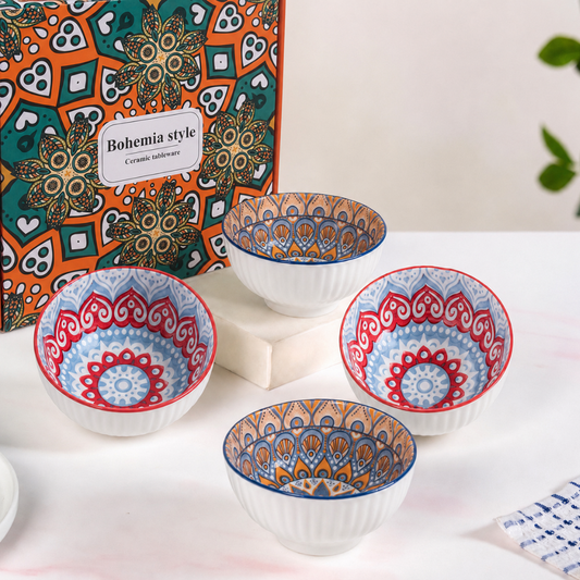 Bohemian Mandala Porcelain Bowl Set of 4 — 350ml | Vibrant Hand-Painted Style Interior, Stackable, Microwave & Dishwasher Safe | Premium Gift Box Included