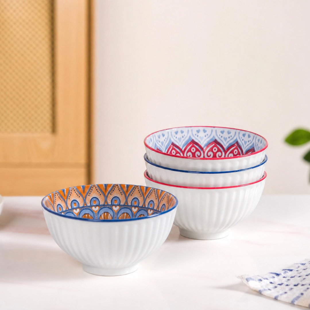 Bohemian Mandala Porcelain Bowl Set of 4 — 350ml | Vibrant Hand-Painted Style Interior, Stackable, Microwave & Dishwasher Safe | Premium Gift Box Included