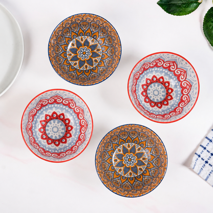 Bohemian Mandala Porcelain Bowl Set of 4 — 350ml | Vibrant Hand-Painted Style Interior, Stackable, Microwave & Dishwasher Safe | Premium Gift Box Included