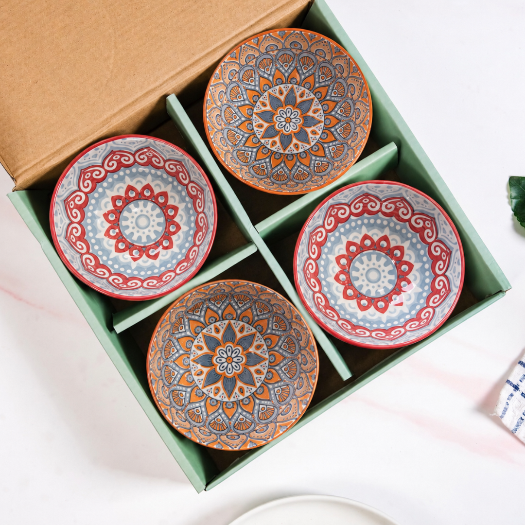 Bohemian Mandala Porcelain Bowl Set of 4 — 350ml | Vibrant Hand-Painted Style Interior, Stackable, Microwave & Dishwasher Safe | Premium Gift Box Included