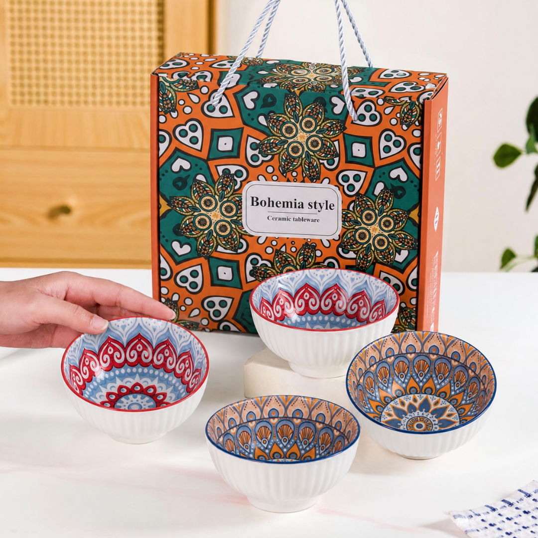 Bohemian Mandala Porcelain Bowl Set of 4 — 350ml | Vibrant Hand-Painted Style Interior, Stackable, Microwave & Dishwasher Safe | Premium Gift Box Included