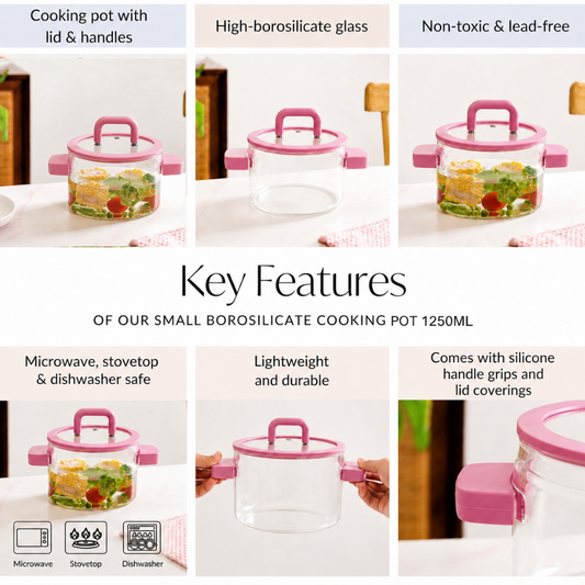 Borosilicate Glass Cooking Pot with Lid & Silicone Handles — 1800ml | Microwave, Stovetop & Dishwasher Safe | Non-Toxic Lead-Free Glass Saucepan