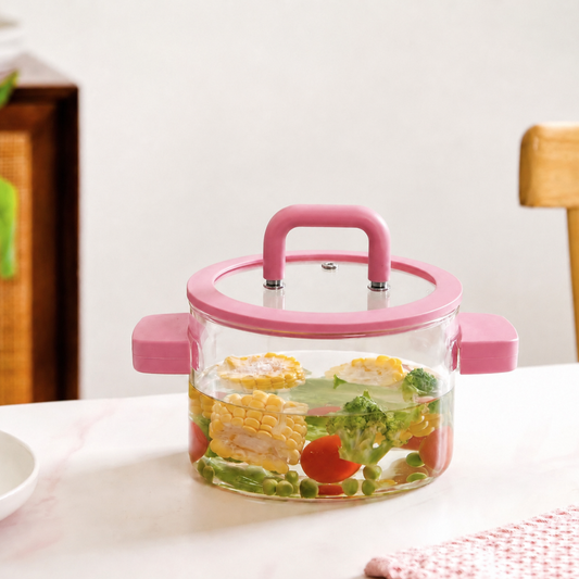Borosilicate Glass Cooking Pot with Lid & Silicone Handles — 1800ml | Microwave, Stovetop & Dishwasher Safe | Non-Toxic Lead-Free Glass Saucepan