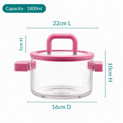Borosilicate Glass Cooking Pot with Lid & Silicone Handles — 1800ml | Microwave, Stovetop & Dishwasher Safe | Non-Toxic Lead-Free Glass Saucepan