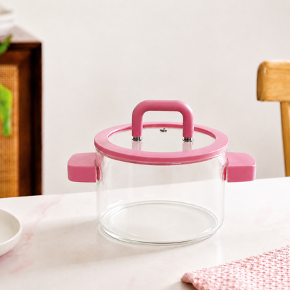 Borosilicate Glass Cooking Pot with Lid & Silicone Handles — 1800ml | Microwave, Stovetop & Dishwasher Safe | Non-Toxic Lead-Free Glass Saucepan