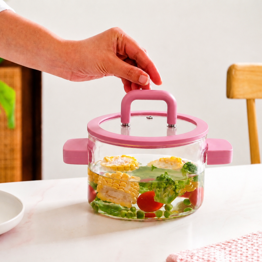 Borosilicate Glass Cooking Pot with Lid & Silicone Handles — 1800ml | Microwave, Stovetop & Dishwasher Safe | Non-Toxic Lead-Free Glass Saucepan