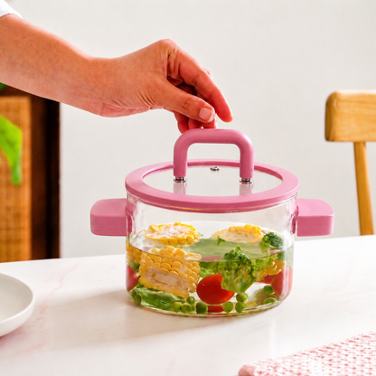 Borosilicate Glass Cooking Pot with Lid & Silicone Handles — 1800ml | Microwave, Stovetop & Dishwasher Safe | Non-Toxic Lead-Free Glass Saucepan