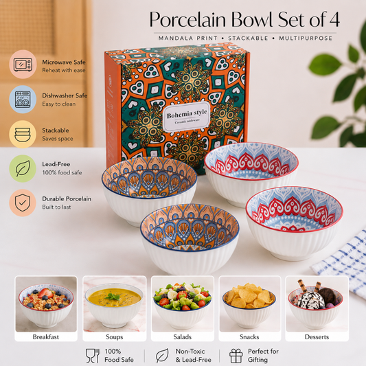 Bohemian Mandala Porcelain Bowl Set of 4 — 350ml | Vibrant Hand-Painted Style Interior, Stackable, Microwave & Dishwasher Safe | Premium Gift Box Included