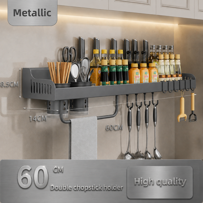 Carbon Steel Wall-Mounted Kitchen Organizer Rack 60cm — High-Strength Shelf with 8 Sliding Hooks, Double Utensil Holder & Towel Bar | Modular Kitchen Wall Storage