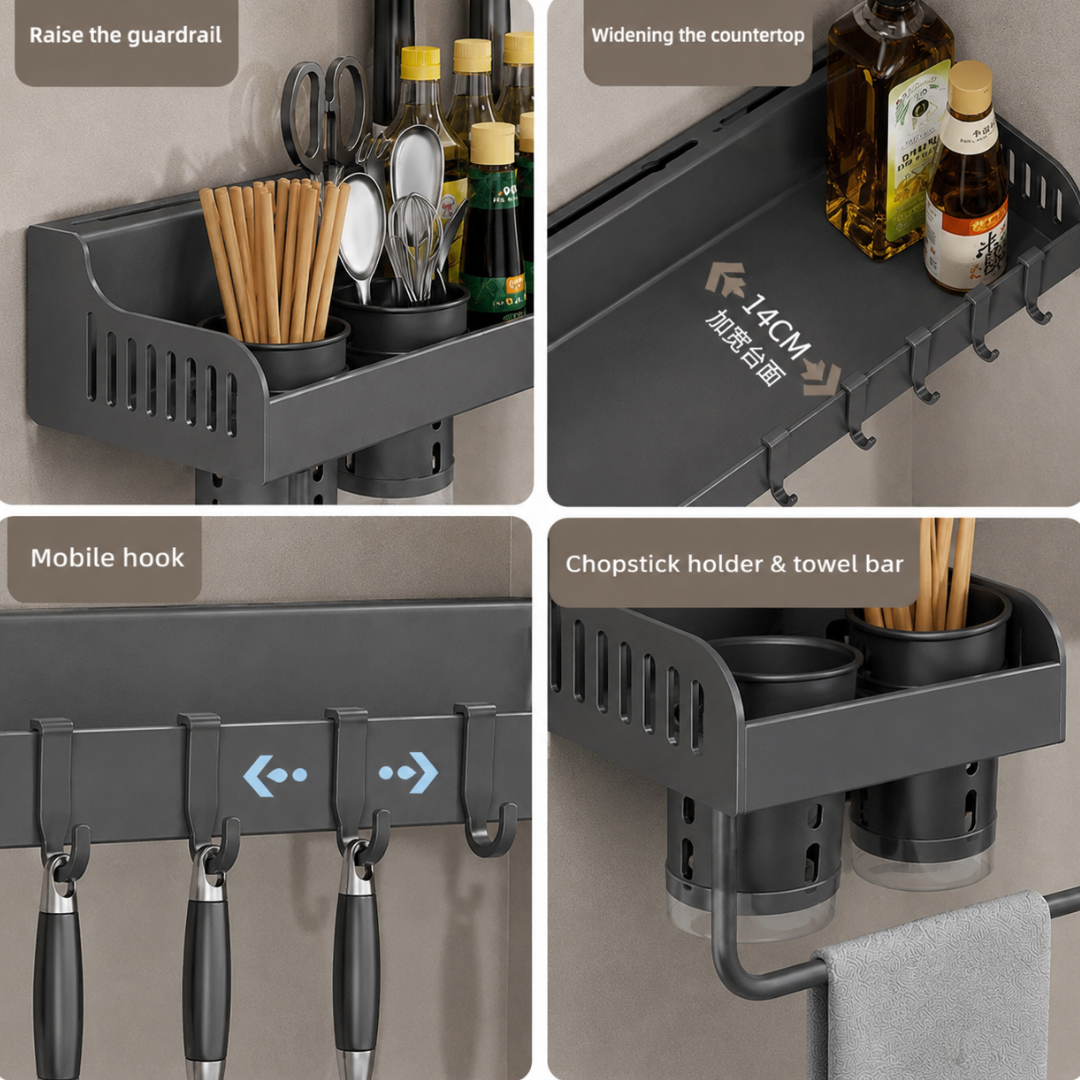Carbon Steel Wall-Mounted Kitchen Organizer Rack 60cm — High-Strength Shelf with 8 Sliding Hooks, Double Utensil Holder & Towel Bar | Modular Kitchen Wall Storage