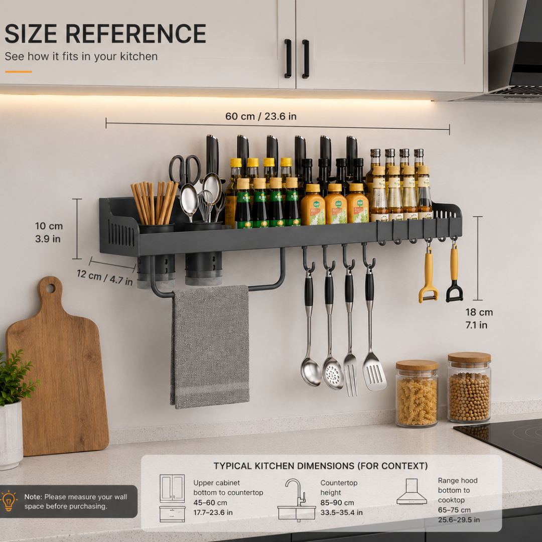 Carbon Steel Wall-Mounted Kitchen Organizer Rack 60cm — High-Strength Shelf with 8 Sliding Hooks, Double Utensil Holder & Towel Bar | Modular Kitchen Wall Storage