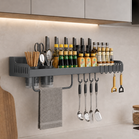 Carbon Steel Wall-Mounted Kitchen Organizer Rack 60cm — High-Strength Shelf with 8 Sliding Hooks, Double Utensil Holder & Towel Bar | Modular Kitchen Wall Storage