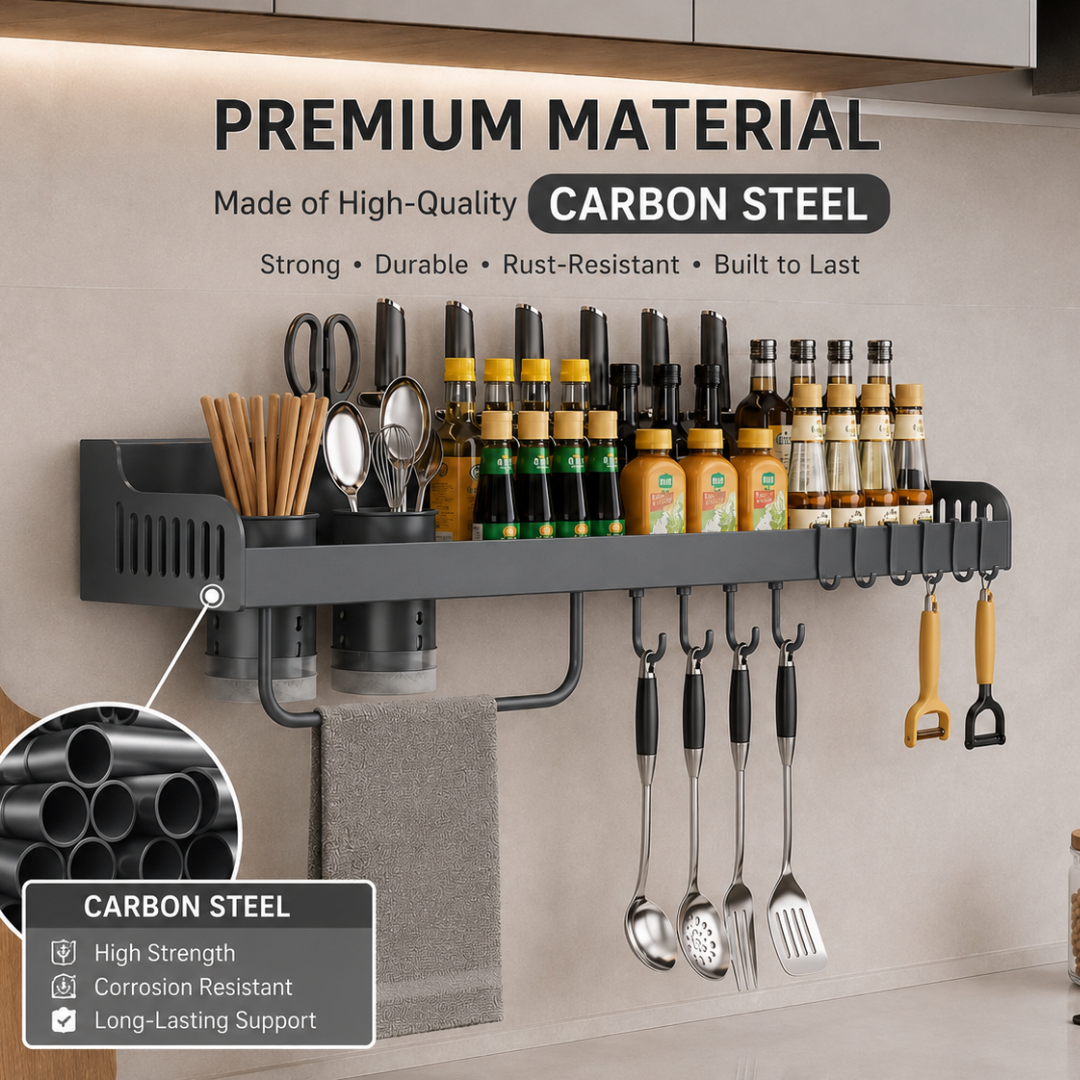 Carbon Steel Wall-Mounted Kitchen Organizer Rack 60cm — High-Strength Shelf with 8 Sliding Hooks, Double Utensil Holder & Towel Bar | Modular Kitchen Wall Storage