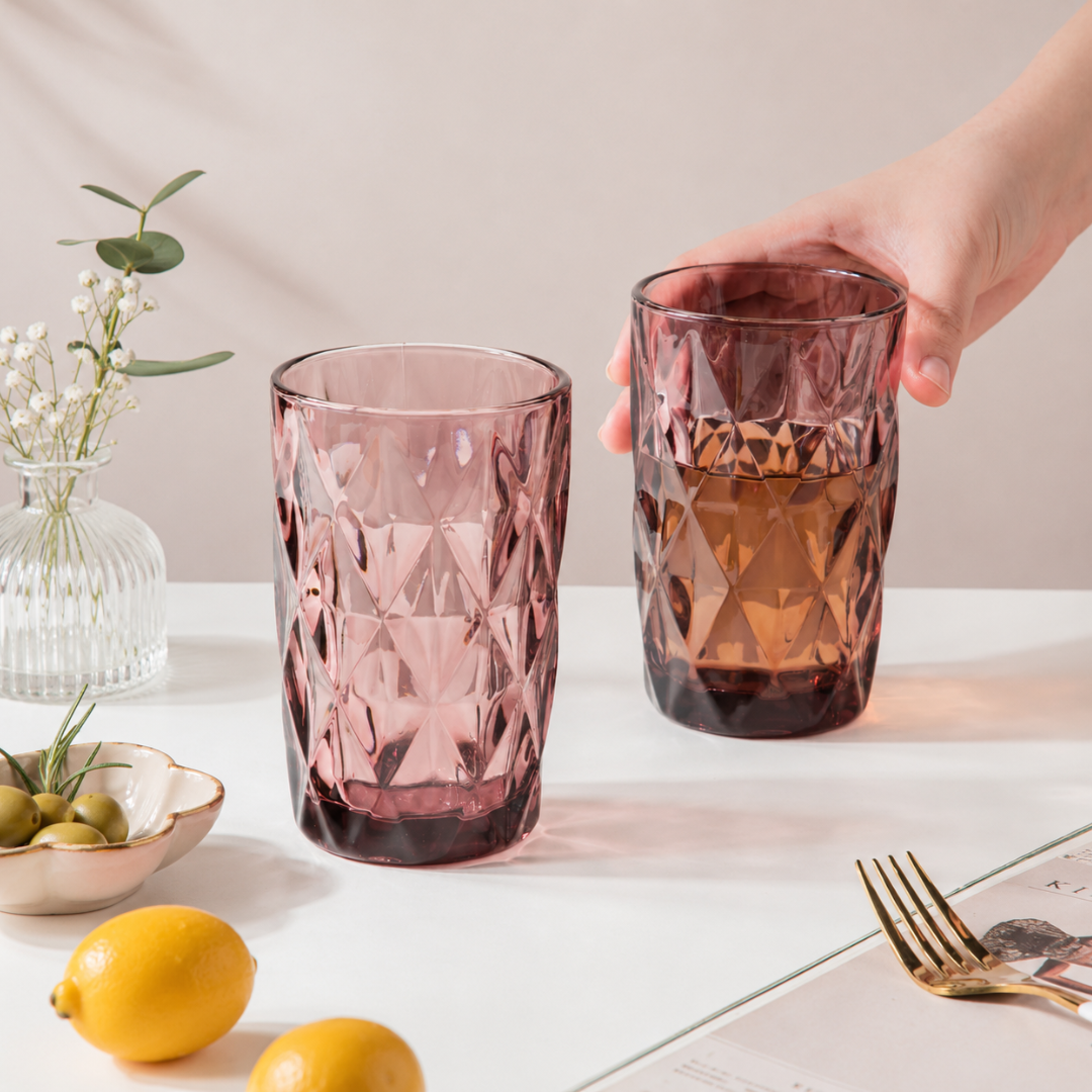 Diamond Cut Embossed Glass Tumbler Set of 6 — 350ml | Crystal Textured Drinking Glasses | Premium Glassware for Water, Juice & Cold Drink